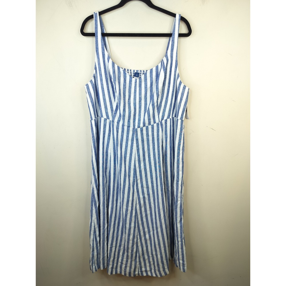 Old Navy Striped Midi Dress w/ Pockets 2X Linen Blend Coastal Blue White Smocked